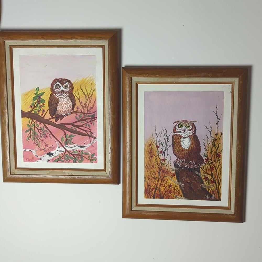 Vintage 1992 Owl Painting Set Papa & Mama Owl Acrylic Art Folk Woodland Cottage